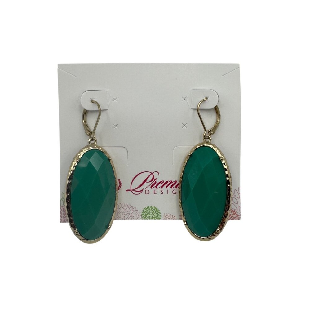 Premier Designs Faceted Oval Drop Earrings Green Gold Plated Lever Back - Picture 3 of 8
